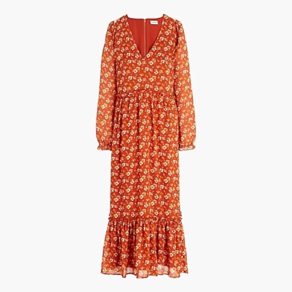 NWT J Crew Crinkle Midi Flounce Dress Rust